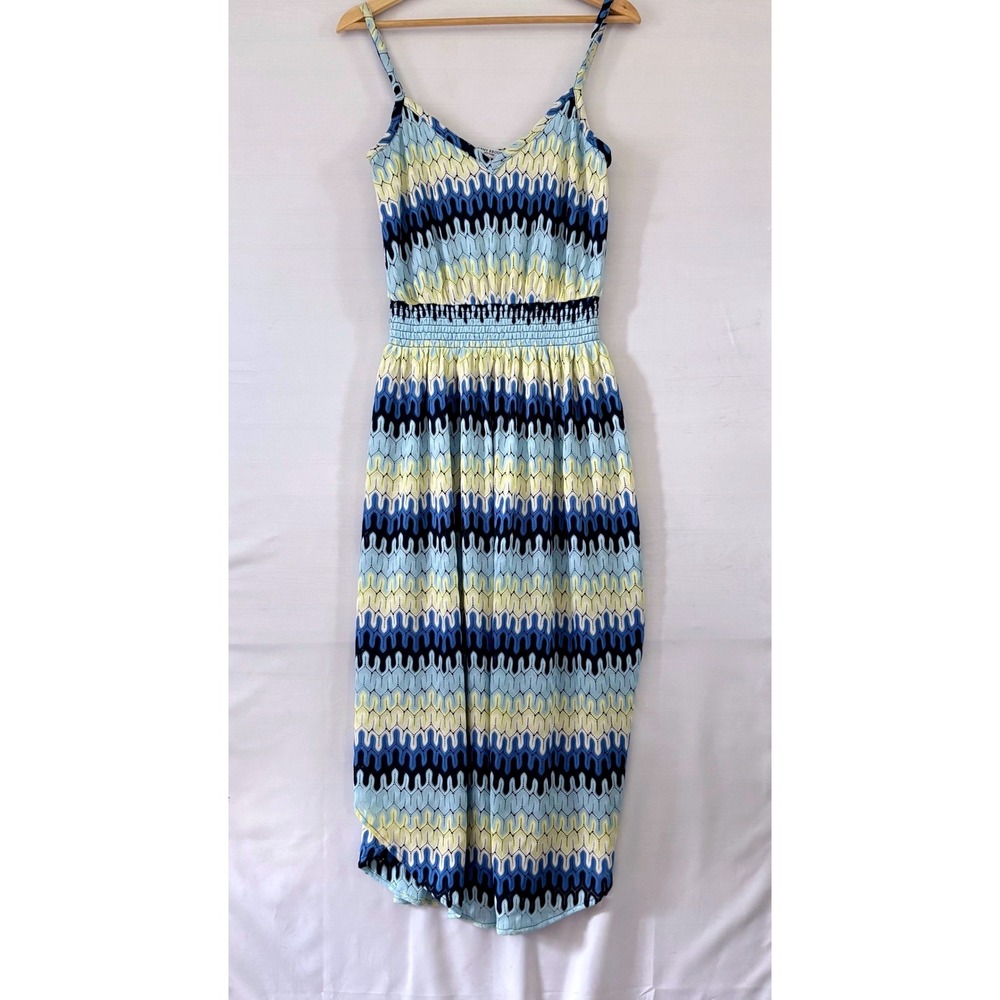 Ramy Brook Blue Yellow Chevron Pointelle Smocked‎ Waist High Low Maxi Dress NWOT